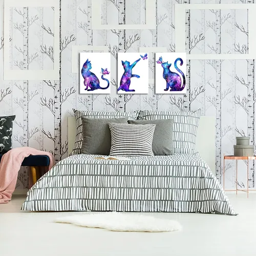 Miniatura 4 de KLVOS Arte de pared de animales lindos para decoración de habitación de niños, diseño de mariposas moradas y gatos estrellados, impresiones