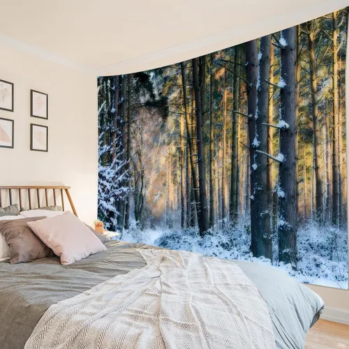 Miniatura 2 de LB Tapiz de Bosque de Nieve de Invierno, Pino Negro y Verde con Copo de Nieve Blanco Tapiz de Pared para Dormitorio, Arte de Pared de Paisaje