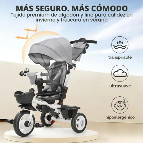 Miniatura 7 de EOOWOY Triciclo para niños pequeños con mango de empuje, triciclo 7 en 1 con asiento giratorio de 360°, respaldo reclinable, ruedas todo terreno