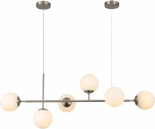 KCO Lámpara colgante moderna de cristal de leche plateado de 6 luces, accesorio de lámpara colgante, candelabro, candelabro de níquel cepillado,