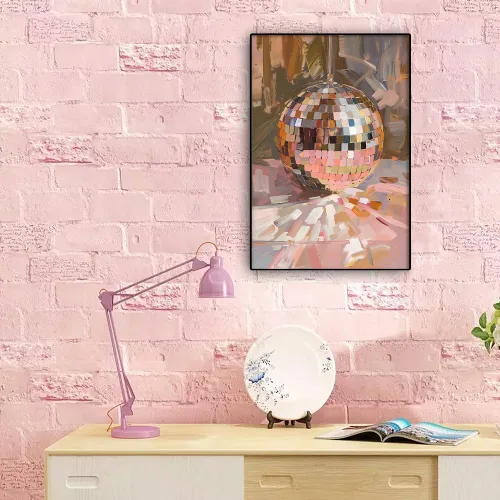 Miniatura 3 de Arte de Pared en Lienzo de Bola de Discoteca Rosa Suave de Moda, Póster con Textura de Bola de Espejo Plateada Funky para Chica, Impresión