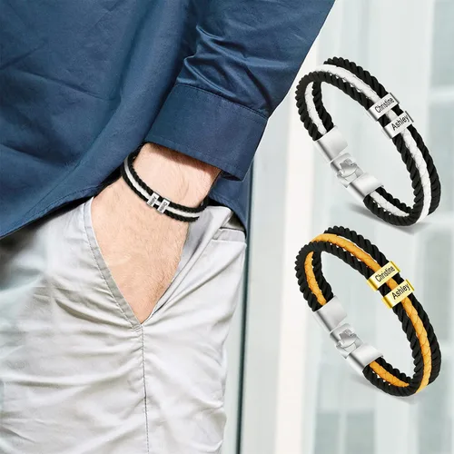 Miniatura 5 de Pulseras de cuero personalizadas para hombre con 1-6 nombres, pulsera trenzada personalizada con cuentas para papá, marido, día del padre, San
