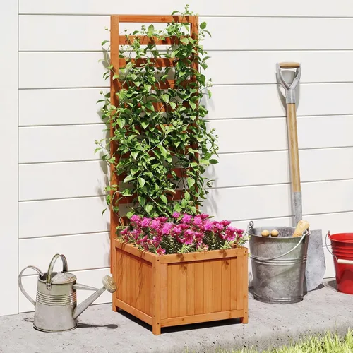 Miniatura 13 de Giantex Cama de jardín elevada de madera con enrejado, maceta para exteriores con base abierta para plantas trepadoras, profundidad de plantación