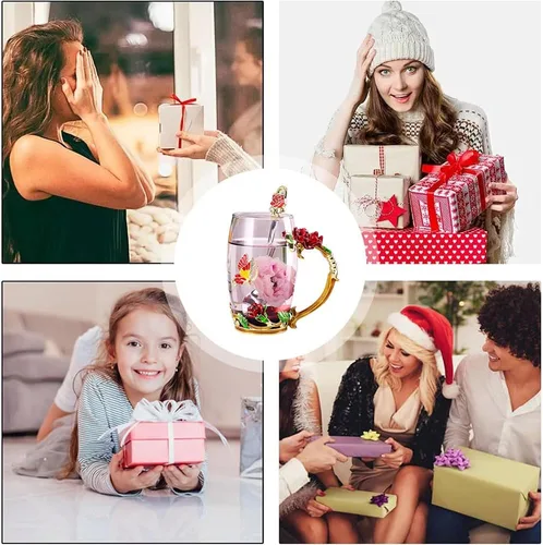 Miniatura 7 de Regalos de Cumpleaños para Mujeres, Taza de Té de Vidrio con Flor de Mariposa Esmaltada Taza de Café Roja Rosa, Regalos Lindos para Mamá Abuela Rojo