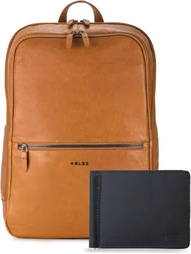 VELEZ Mochila unisex de cuero de grano completo + cartera plegable con clip para dinero, Velez Mochila unisex de cuero + cartera plegable negra