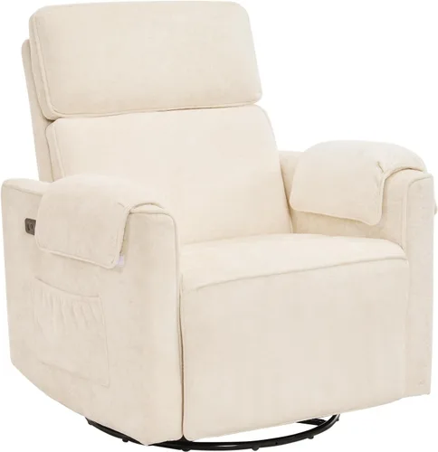 Chenille Rocking Chair Nursery with Adjustable Headrest, 24" Extra Wide Swivel Rocker Recliner with Overstuffed Armrest, Oversized Power Rocker