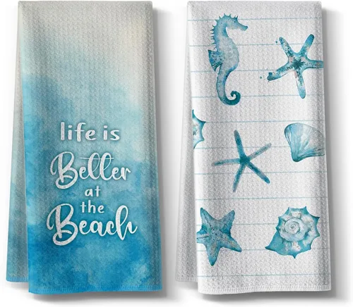 Toallas de Cocina Divertidas de Playa para Decoración del Hogar Estrella de Mar Caballito de Mar Vieira Temática Oceánica de Verano Paños de Cocina