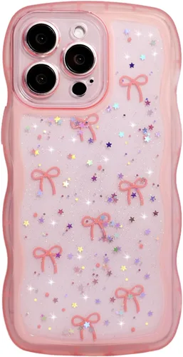 Miniatura 60 de Qokey Funda para iPhone 12 Pro Max de 6.7 pulgadas, diseño de onda rizada, borde transparente, brillante con purpurina, estrella brillante, bonita