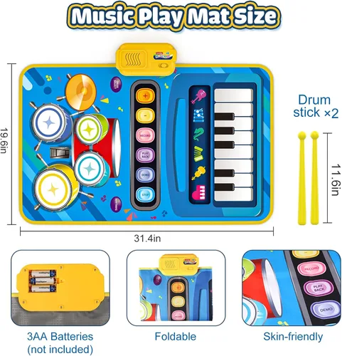 Miniatura 5 de Juguetes para bebés para niños de 1 año, niño niña, 2 en 1 alfombra musical de piano y tambor para niños pequeños de 1 a 3, alfombra de aprendizaje
