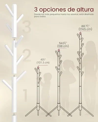Miniatura 6 de VASAGLE Perchero de Madera Maciza Independiente, Perchero Independiente en Forma de Árbol con 8 Ganchos, 3 Opciones de Altura, para Ropa, Sombreros