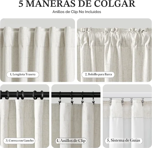 Miniatura 2 de Joywell 2 cortinas opacas 100%, lino, crema, beige natural, pasabarras/trabillas traseras/cinta con ganchos/anillas con pinzas, aislantes