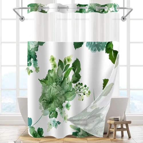 Miniatura 21 de Juego de cortina de ducha y forro sin gancho, cortinas de ducha florales negras para baño, juegos de cortinas de baño de hotel moderno con forro a