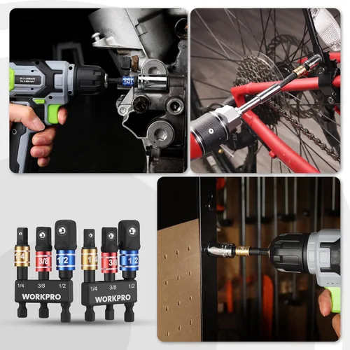 Miniatura 7 de WORKPRO Juego de Adaptadores de Dado de Grado de Impacto, Unidad de 1/4", 3/8" y 1/2", Punta de Destornillador con Extensión y Soporte, para Taladro