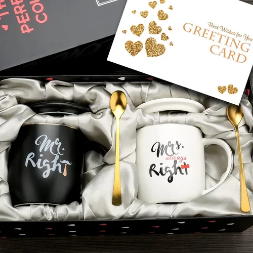 Tazas de café para parejas Mr Right Mrs Always Right - Tazas de cerámica de mármol para despedida de soltera, boda, aniversario, día de San Valentín