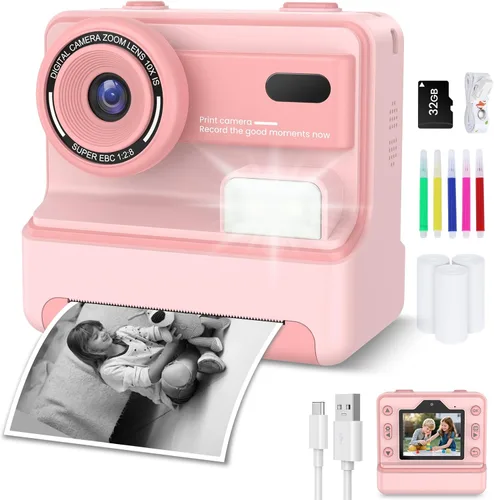 Cámara Digital para Niños con Impresión Instantánea, Regalos de Navidad y Cumpleaños para Niñas de 3-12 Años, Cámara Selfie de Doble Lente para