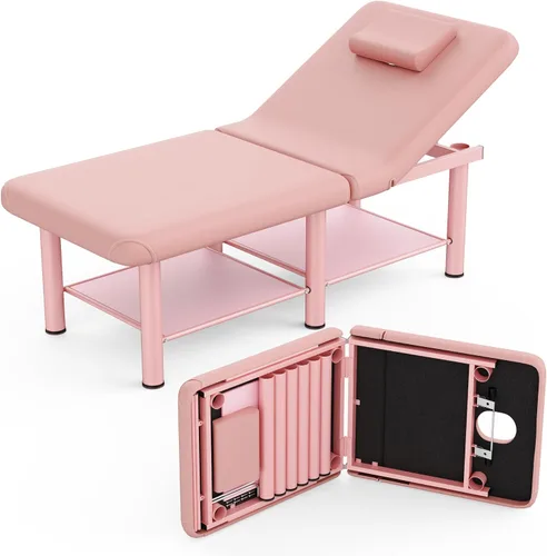 pouseayar Mesa de masaje estacionaria rosa cama plegable con respaldo y espacio de almacenamiento para mesa de tratamiento, mesa de terapia física,