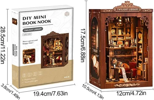 Miniatura 6 de Kits de rincón de libros para adultos, rompecabezas de madera 3D para casa de muñecas, estantería en miniatura para casa de muñecas, decoración