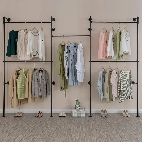 Miniatura 5 de Perchero Industrial de Tubería con 2 Estantes, Perchero de Ropa de Servicio Pesado Montado en Pared Soportes de Exhibición de Tienda de Ropa