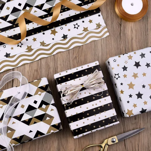 Miniatura 3 de Papel de regalo plegado negro, blanco y dorado, diseño mate, estrellas, rayas, ondulaciones, cuadros para cumpleaños, Navidad, graduaciones, bodas