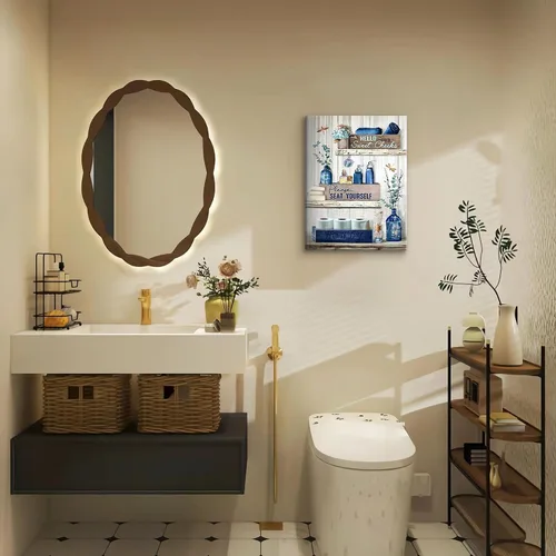 Miniatura 5 de BJVJKSU Arte de Pared Decoración de Baño Azul Marino Decoración de Pared Rústica de Lienzo Azul para Baño Letrero de Por Favor Siéntate Impresión