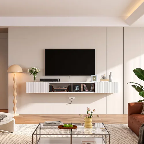 Miniatura 5 de Soporte flotante para TV de madera contrachapada con puertas acanaladas, color blanco, 55 pulgadas Montado en la pared, consola multimedia