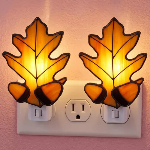 Baquler 2 Pcs Stained Glass Maple Leaf Night Light Plug into Wall, Orange Maple Leaf Fall Seasonal Light Decor for Home Bedroom Bathroom Kitchen