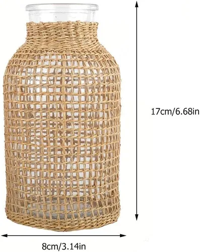 Miniatura 4 de DOITOOL Juego de jarrón de cristal con cubierta de ratán, jarrón de mimbre para decoración del hogar, jarra decorativa bohemia