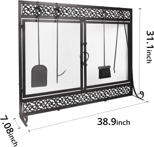 Miniatura 3 de Pantalla de chimenea de metal de 39 x 31 pulgadas, protector de chispas de dos puertas, diseño decorativo de desplazamiento adecuado para estufa