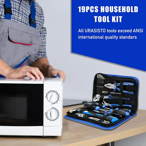 Miniatura 4 de URASISTO Kit de herramientas para el hogar de 19 piezas, juego de herramientas manuales con bolsa de fácil transporte, perfecto para bricolaje