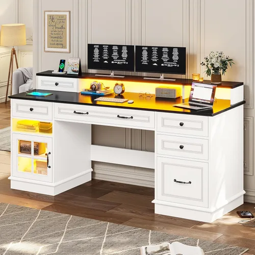 Miniatura 6 de BTHFST Escritorio ejecutivo con cajón de archivos, escritorio para computadora con soporte para monitor, escritorio de oficina en casa con cajones