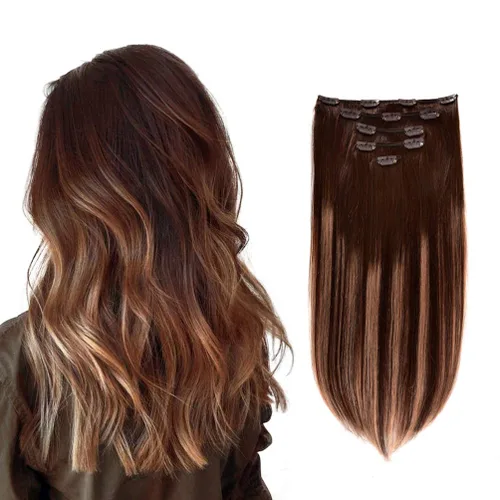 Miniatura 10 de 5 Piezas de extensiones de cabello humano Remy con clip - Extensiones de cabello real sedoso, corto y grueso para mujeres y niñas