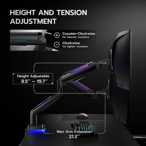 Miniatura 6 de Brazo de monitor ultraancho para pantalla de 17 a 49 pulgadas de alta resistencia de hasta 44 libras, brazo de monitor único con resorte de gas