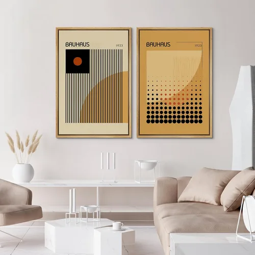 Miniatura 4 de IDEA4WALL Lienzo enmarcado para pared, juego de arte Bauhaus dorado de mediados de siglo, patrón de cuadrícula moderna, ilustraciones con formas
