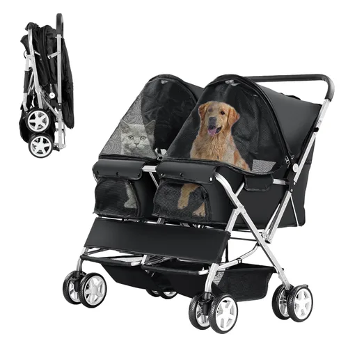 Miniatura 9 de Cochecito doble para mascotas, cochecito plegable para 2 perros y gatos, porta mascotas de dos plazas, para paseos y viajes, con almacenamiento