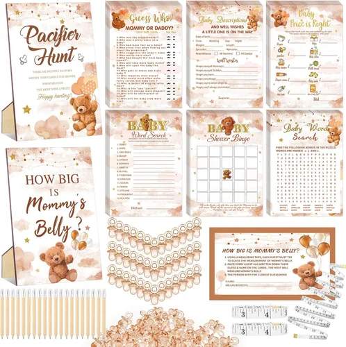 Sherr Juego de 424 chupetes para baby shower, incluye letrero de caza y 50 chupetes acrílicos, Bingo Price Guess How Is Big Search for Brown Baby