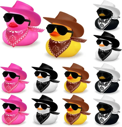 Miniatura 7 de 12 piezas Pato de Vaquero con Sombrero y Gafas de Sol Mini Juguetes de Patitos para Regalo de Fiesta de Cumpleaños de Natación