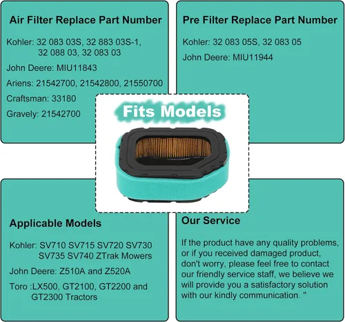 Miniatura 8 de TIANYAN 32 083 03-S 32 883 03-S 32-083-05-S Filtro de aire y prefiltro para motores Kohler Courage Engine SV710 SV715 SV720 SV730 SV735 SV740 Deere