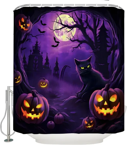 Miniatura 6 de Cortina de ducha de Halloween, espeluznante gato negro, calabazas aterradoras, luna llena, casa encantada, murciélagos, árbol muerto, cortina