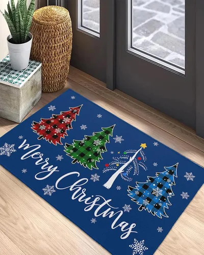 Miniatura 5 de Tapete para puerta delantera, a cuadros, árbol de Navidad, copo de nieve, azul, feliz Navidad, absorbente, resistente a la suciedad, tapetes