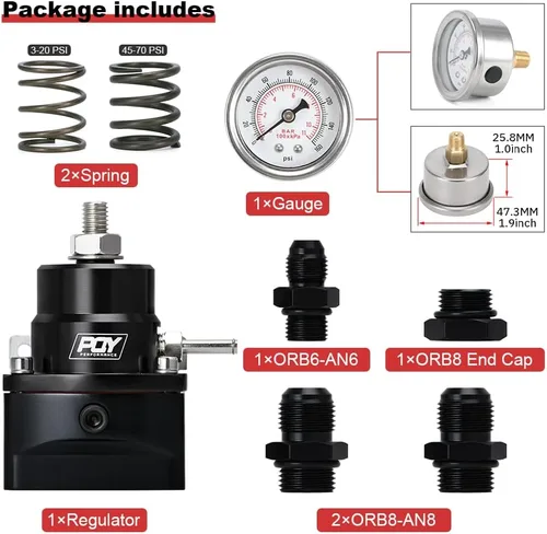 Miniatura 2 de Kit regulador de presión de combustible ajustable PQY 3-70 PSI con puerto de alimentación AN8 y puerto de retorno AN6 (negro)