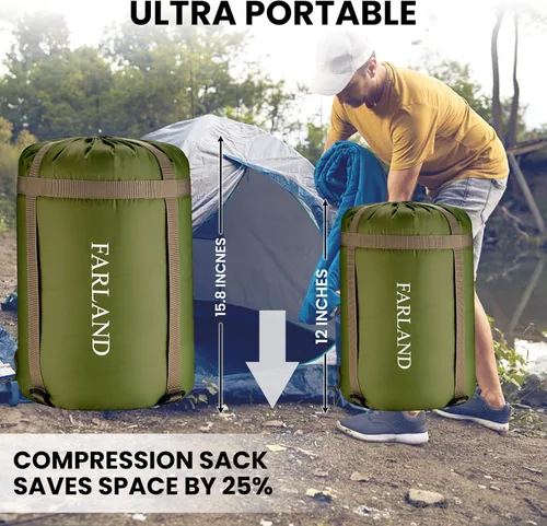 Miniatura 5 de FARLAND Sacos de dormir de 30 ℉ para adultos, adolescentes y niños con saco de compresión portátil y ligero para campamento de 3 a 4 estaciones