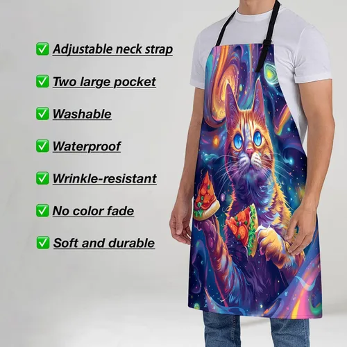 Miniatura 2 de Cosmic Pizza - Delantal de gato para mujer, 28 x 33 pulgadas, delantales de cocina con 2 bolsillos, poliéster, bonito delantal de gato para cocinar