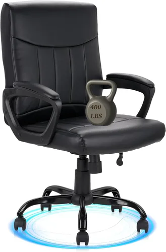 CLATINA - Silla ejecutiva de oficina con respaldo medio de cuero, soporte lumbar y reposabrazos acolchados, diseño ergonómico ajustable y giratorio