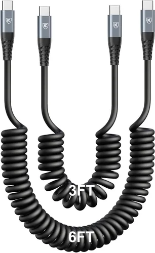 Miniatura 13 de Cable USB C a C de 3 pies, paquete de 2 cables de carga USB C en espiral para automóvil tipo C, cable de carga rápida para iPhone
