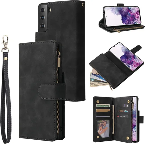 QLTYPRI Funda tipo cartera para Samsung Galaxy S22, funda de piel sintética vintage premium con bolsillo con cremallera y ranuras para tarjetero,