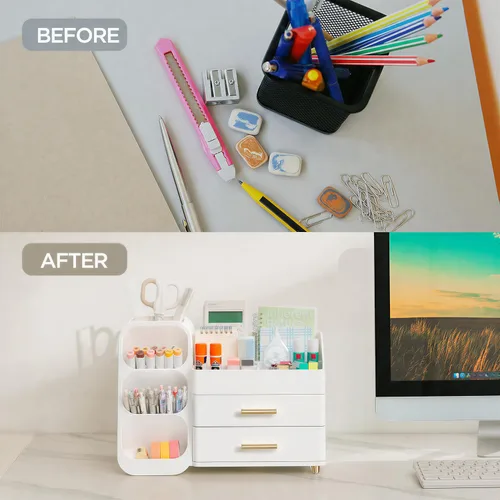 Miniatura 6 de HBlife Desk Organizer with Pen Pencil Holder for Desk, Pen Organizer with 2 Drawers, Desk Organizers and Accessories with 4 Compartments, Desktop