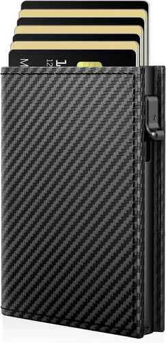 Miniatura 10 de Cartera para hombre – Cuero minimalista de triple pliegue, funda inteligente para tarjetas emergentes con bloqueo RFID, soporte delgado de metal
