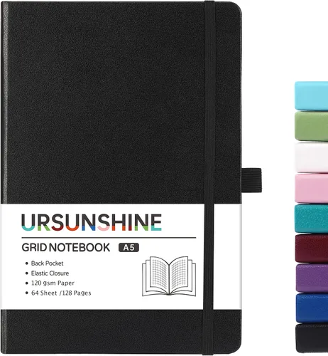 Miniatura 34 de Cuaderno punteado, diario, 5.3 x 8.26 pulgadas, tapa dura, prémium, papel grueso, doble espiral, bandas, cuero negro sintético, lazo para bolígrafo
