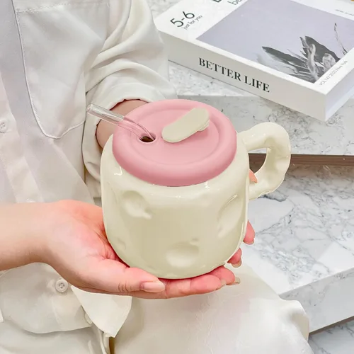 Miniatura 3 de Juego de tazas de cerámica en forma de queso de 25 onzas – Taza de café de cerámica bonita con tapa y pajita, taza de café grande regalo