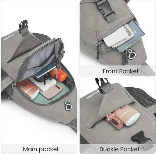 Miniatura 5 de G4Free - Mochila de lona con asa cruzada y puerto de carga USB con bloqueo RFID, mochila de pecho para senderismo, mochila de día para hombres y Gris